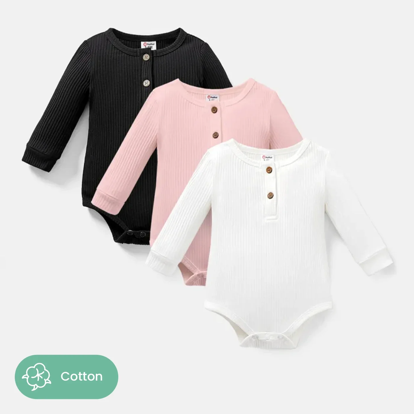 PatPat Baby Girl/Boy Cotton Button Design Solid Color Ribbed Long-sleeve Rompers Perfect for Outings and Daily Wear