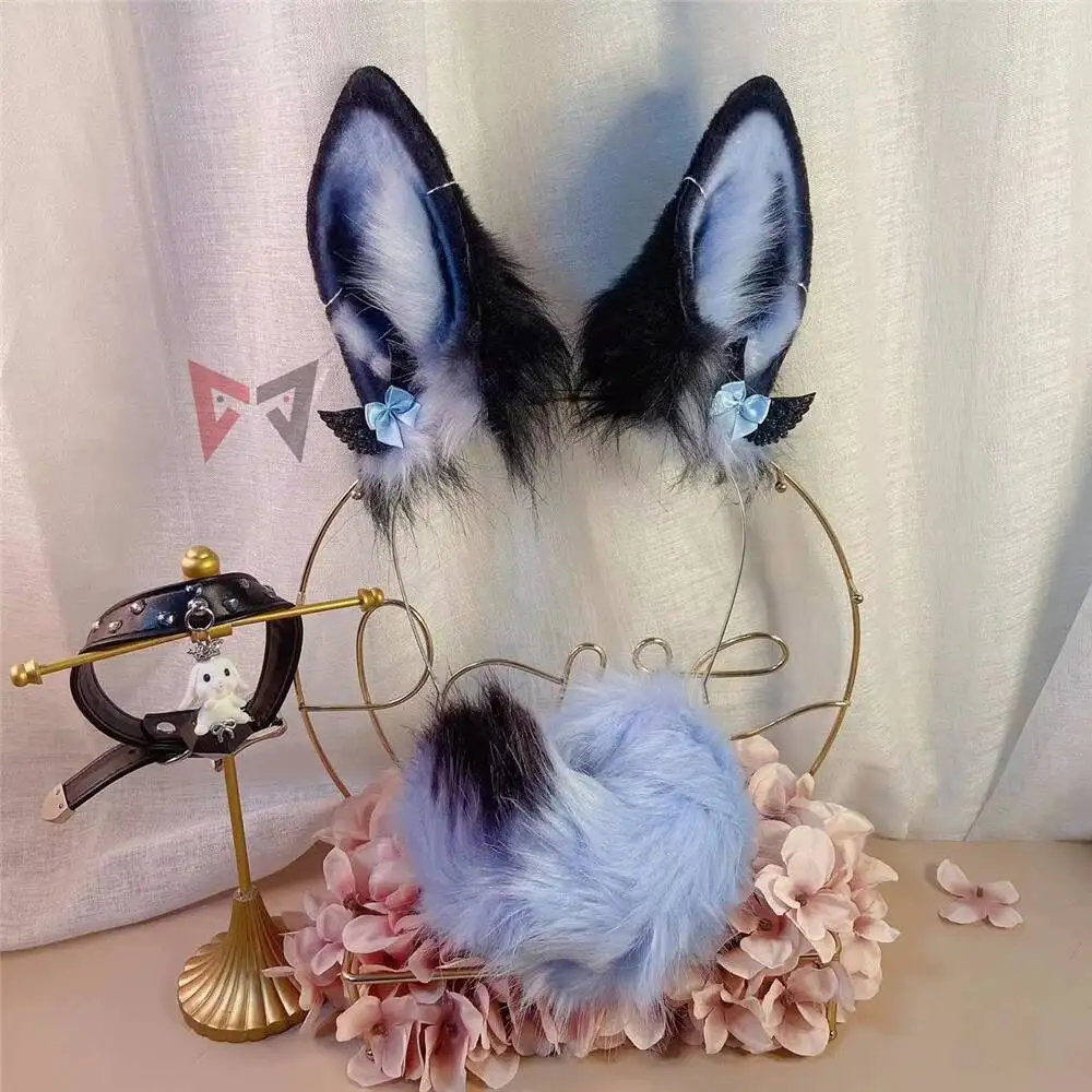 

New Handmade Work Blue Bunny Rabbit Ears Hairhoop Tail Necklace Earrings Cosplay Lolita Acessories Headwear