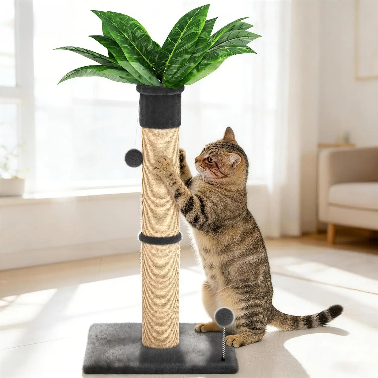 

Cat Scratching Post 34 Inches Tall, Cat Tower Scratcher Extra Wide 15.8" Stable Base with 2 Interactive Toy Balls, Premi