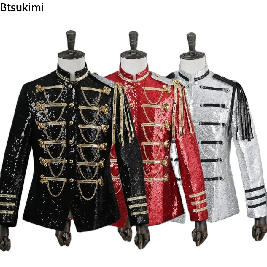 2026 Men's Sequin Uniform Stage Performance Costumes Steampunk Tops Men Vintage Stand Collar Suit Jacket Party Prom Host Clothes