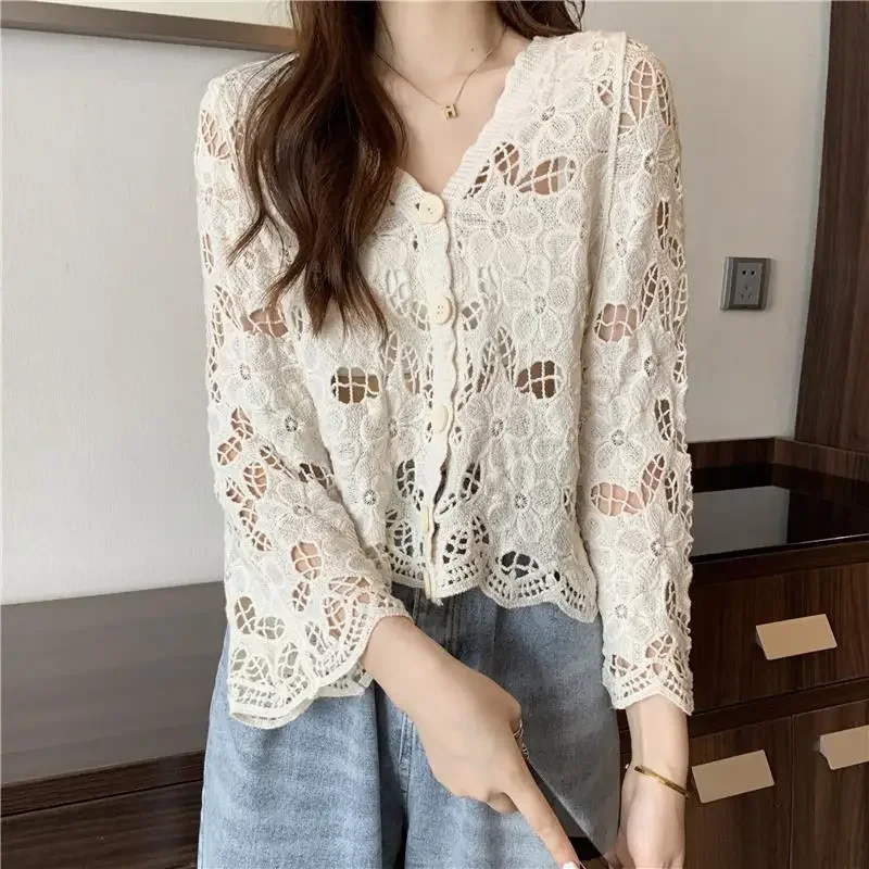 Women Korean Fashion Hollow Knitted Cardigan Thin Jacket Shawl Summer Sun Protection Blouse Spring Autumn Black White Women Coat