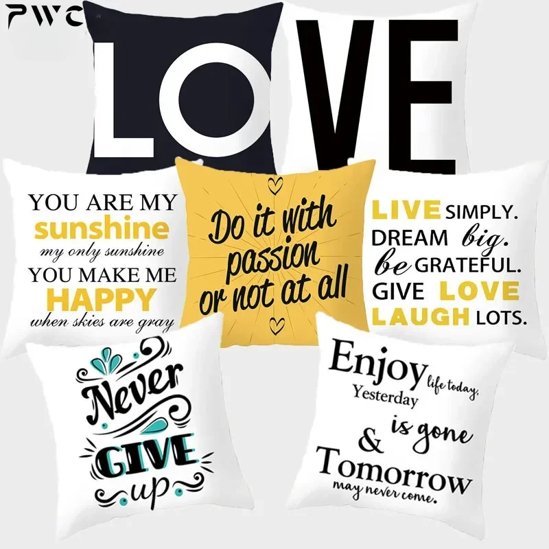 Motto Love Printed Decorative Cushion Black Yellow White Sofa Cushion Cover with Letters Decoration Polyester Pillow Cover