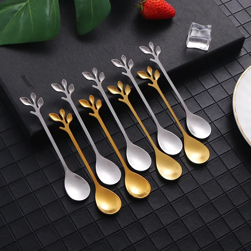 6PCS Creative Stainless Steel Spoons Gold Silver Tree Leaf Spoon Coffee Spoon Teaspoon Kitchen Restaurant Dessert Cutlery Set