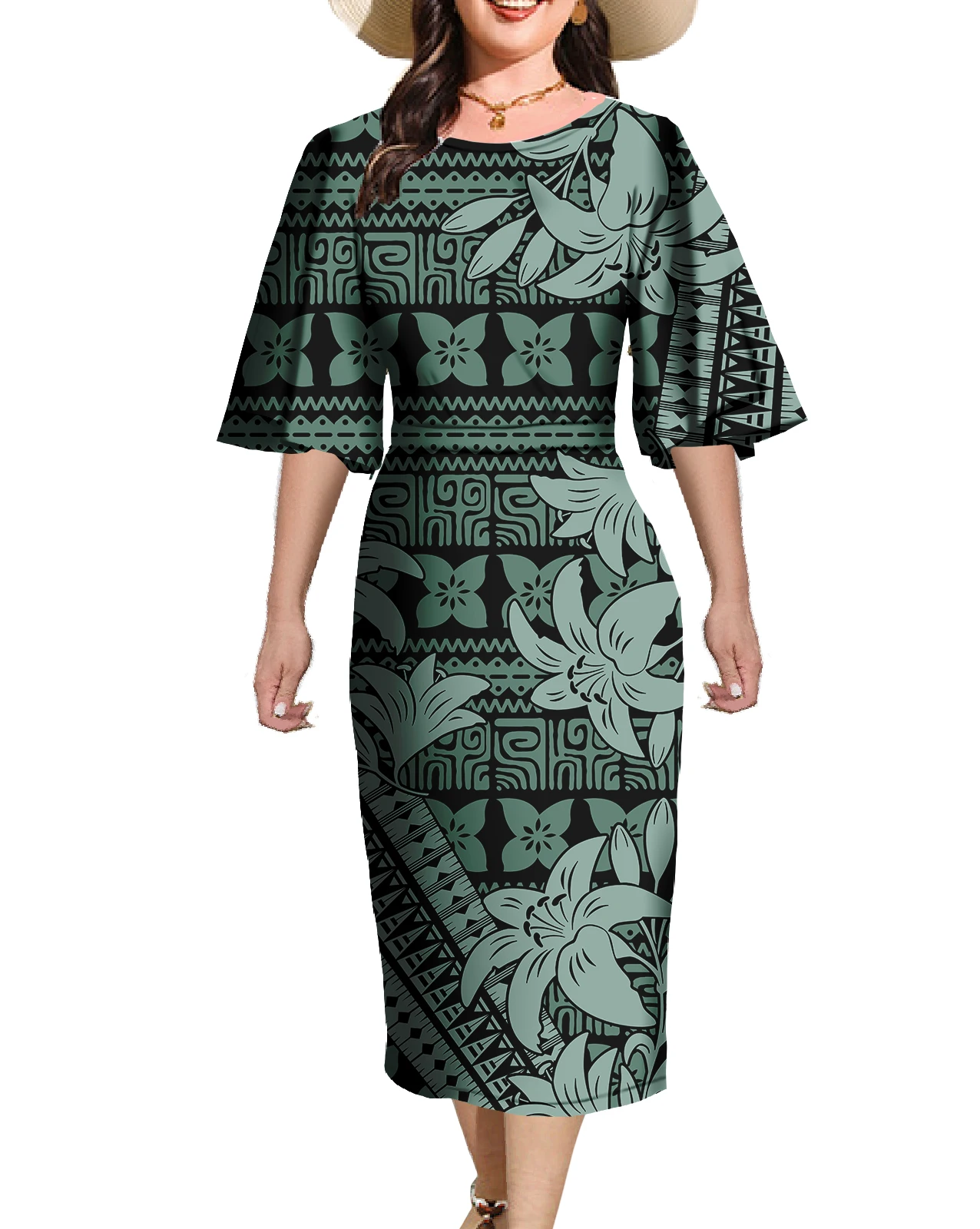 Brand New 2025 Tropical Printed Pacific Island Party Elegant Dress Polynesian Luxury Flare Sleeve Samoan Dress