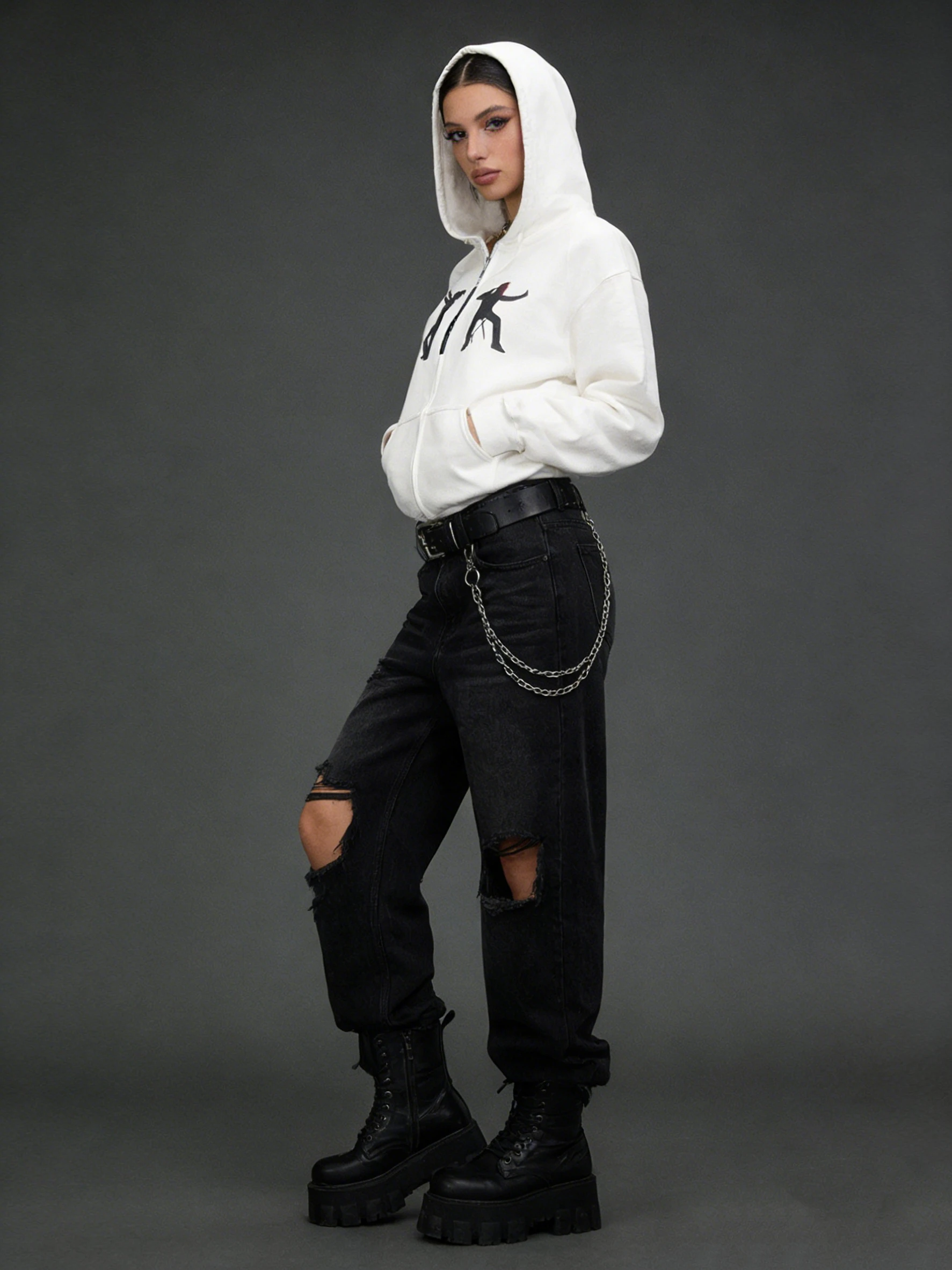Women's White Zip-Up Hoodie Oversized Silhouette Print Streetwear Casual Loose Fit Spring Autumn Fashion Sweatshirt With Pocket