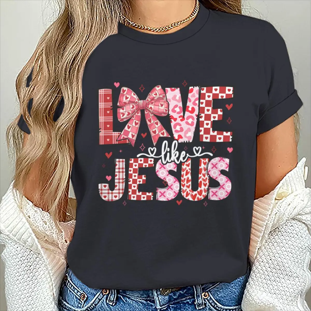 Camiseta de manga corta cristiana de San Valentín, camiseta gráfica Love Like Jesus, regalo cristiano para mujer, Tops informales con lazo coqueta de San Valentín