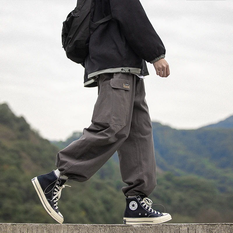 

Loose Casual Men's Workwear Pants Spring Autumn Straight Leg Dstring Retro Sle Faionable Japanese Brand y Trousers