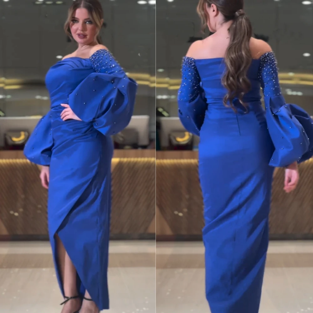 

Customized Exquisite Satin Sequined Pleat Ruffle Straight Off-the-shoulder Midi Dresses Evening Dresses Formal Elegant Modern St