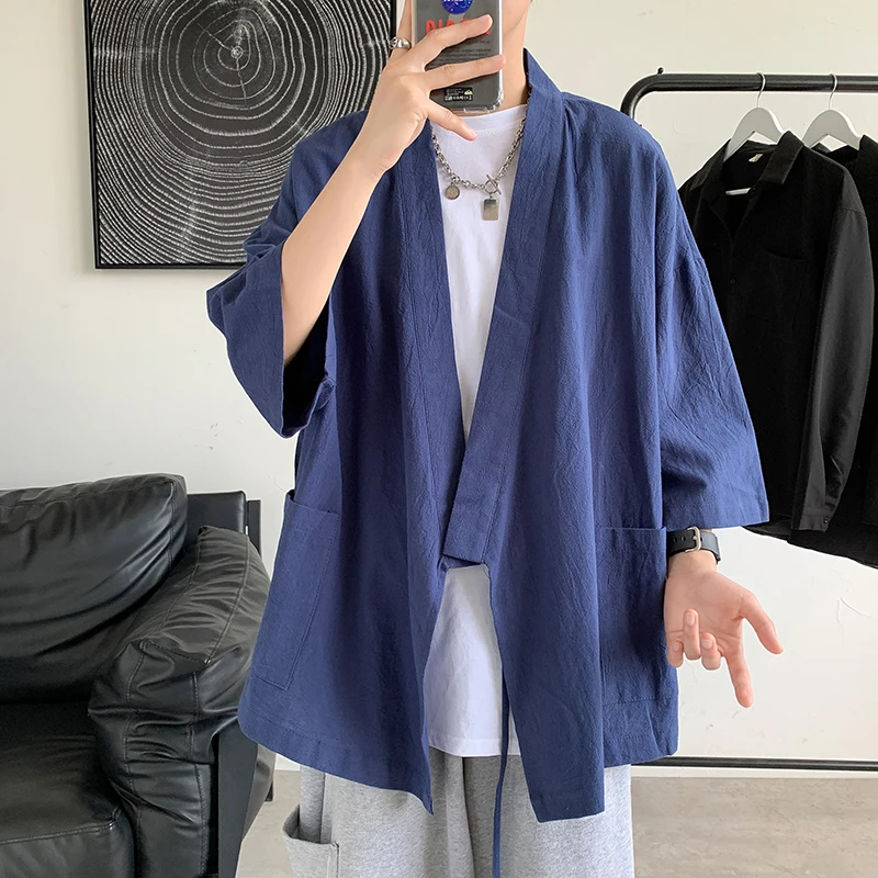 

Summer Men's Loose Fit Pure Color Seven Quarter Sleeve Shirt Hong Kong Style Casual Fashion Open Cardigan Youth Popular