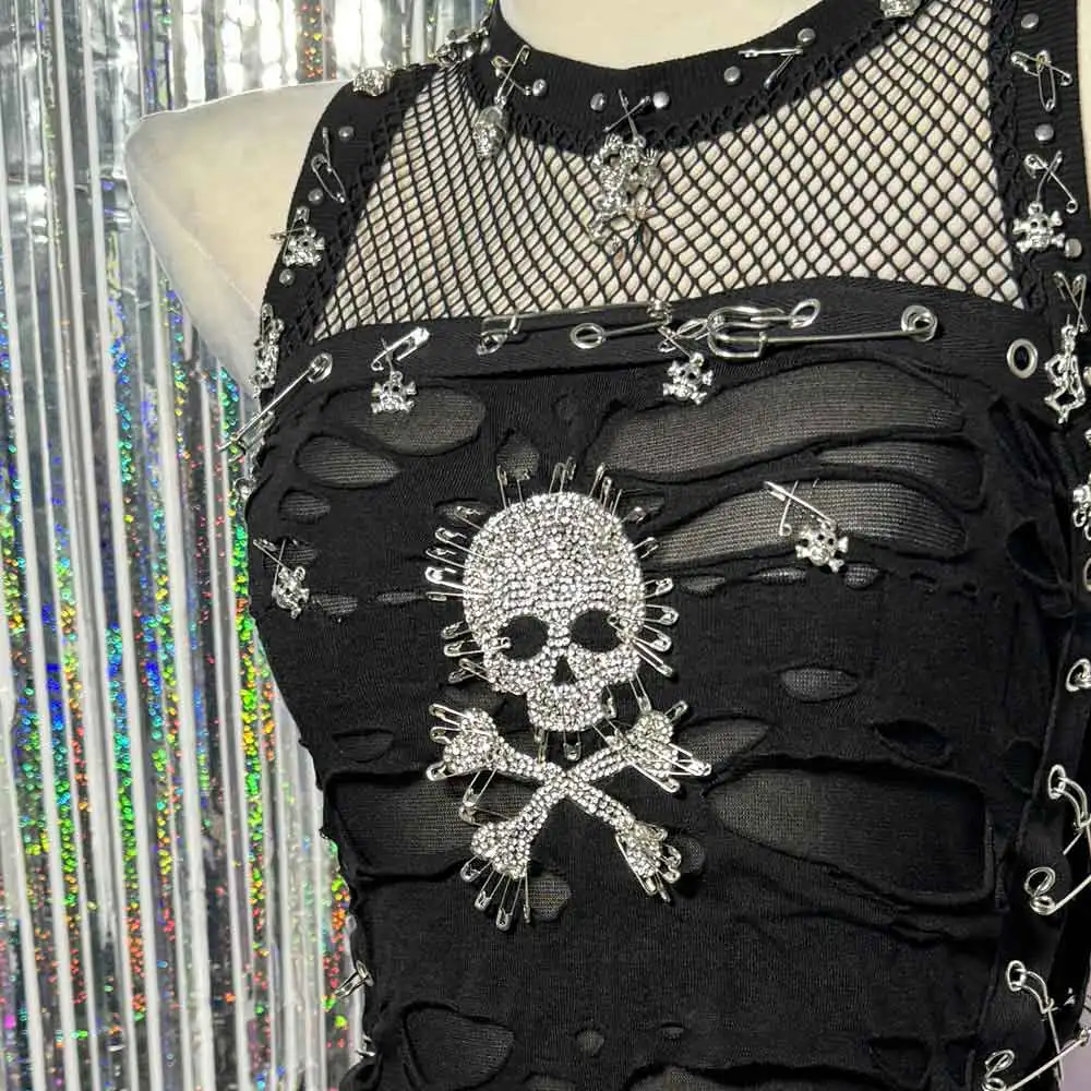 في سن المراهقة Harajuku دبوس Y2K القمم خمر 90s DIY بها بنفسك E-الفتيات يدوية الشرير الصخرة ملابس للنادي ايكو ايمو الجرونج القوطية تانك القوطي Kawaii الجمجمة #6