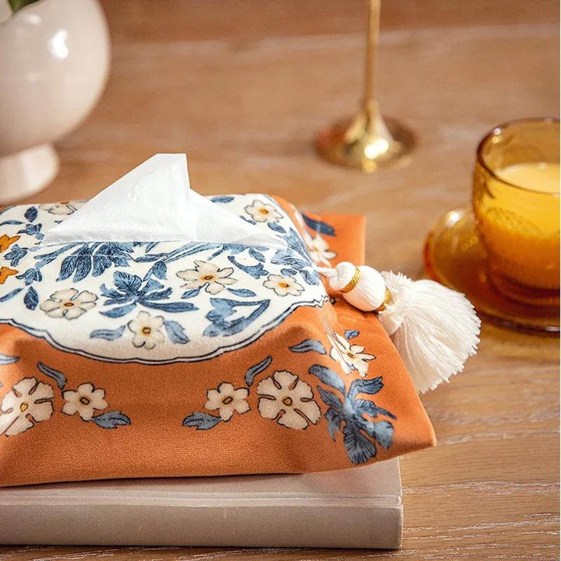 American Style Nalda Cotton Short Plush Fabric Tassel Tissue Holder, Original Painted Design, for Living Room & Car