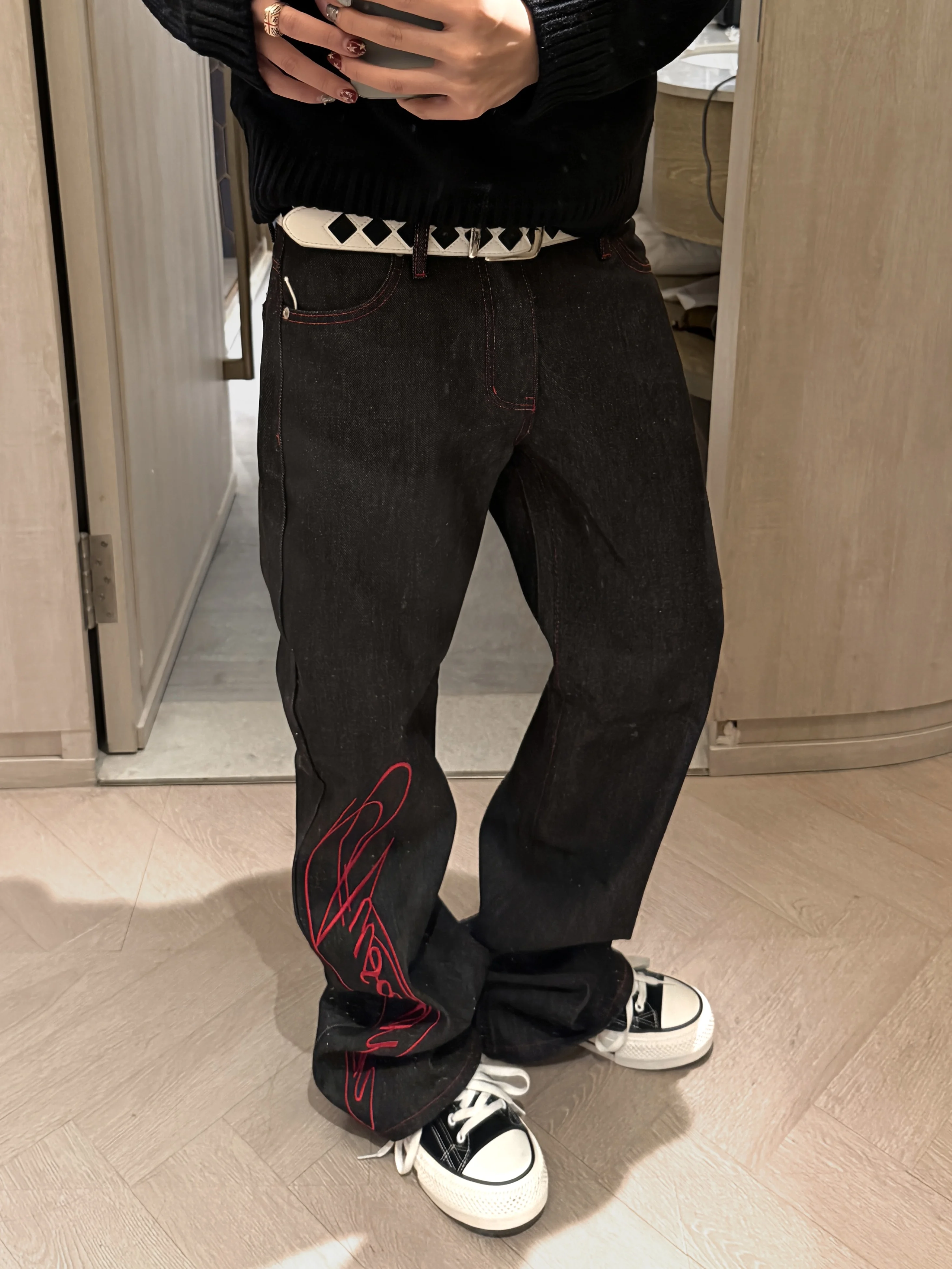 Calças Jeans Originais Bordadas Ueshima ColdAsia para Homens e Mulheres, Soltas e Casuais, Com Estampa Floral, Mistura de Alg...