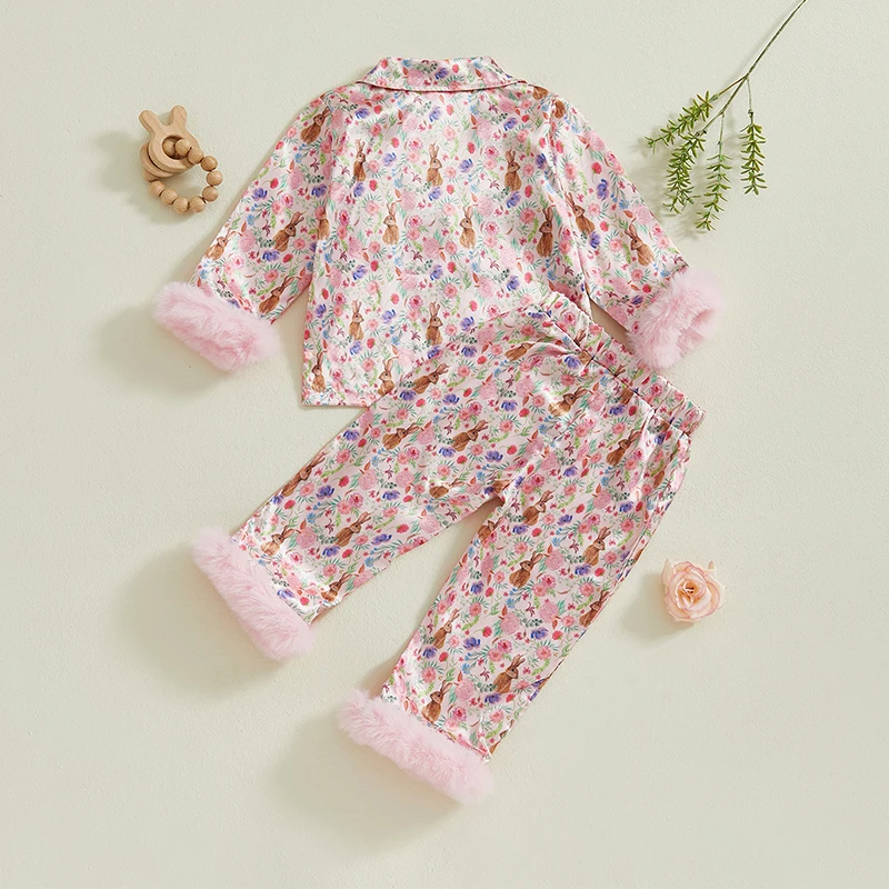 Toddler Girl Button Down Pajamas Set Cute Bow Rabbit Print Feather Trim Long Sleeve Sleep Shirt + Pants Set Girls Fall Pjs