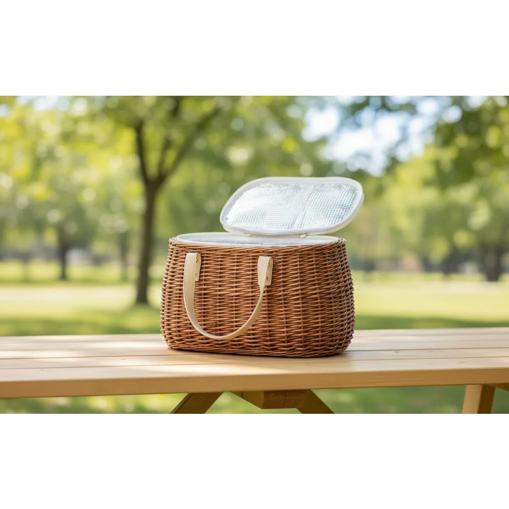 

Natural Wicker Insulated Picnic Basket with Cooler Bag for Outdoor Camping Easter Gift Family