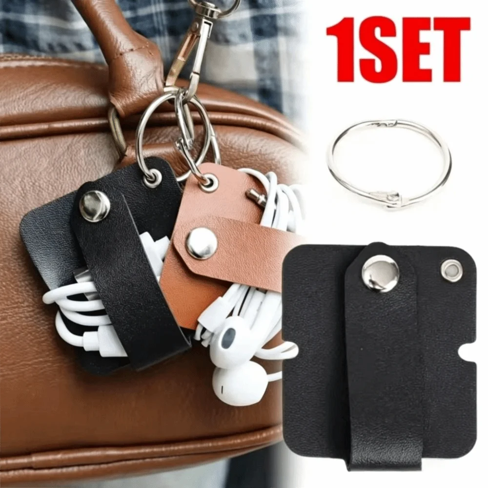 Cable Strap Leather Cable Clip Leather Buckle Compact Cable Wrap Organizer PU Leather Reusable Earphone Cord Holder