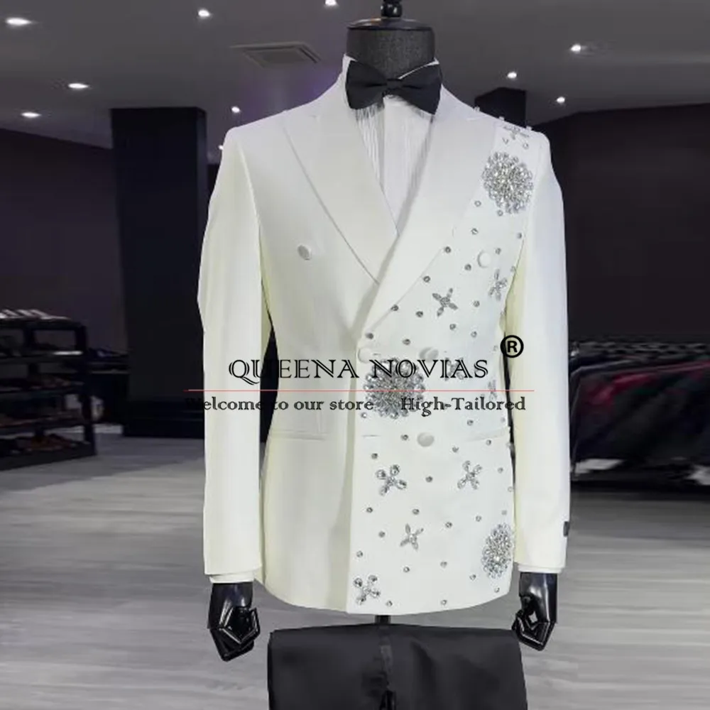 Man Double Breasted Suits Men Slim Fit Diamond Beaded Prom Blazers Customized 2-Piece Groom Formal Occasion Dress costumes homme