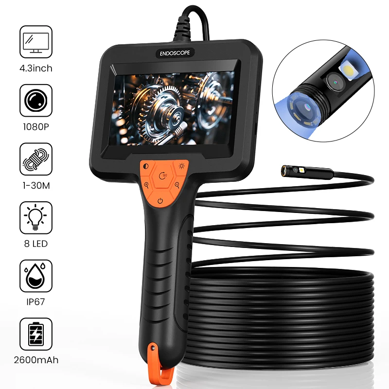 Industrielle Endoskopkamera mit Einzel- und Doppellinse, 4,3'' IPS-Bildschirm, Auto- und Rohrinspektions-Boreskop, 8 LEDs, 8MM Sonde, Wasserdicht, 2600mAh