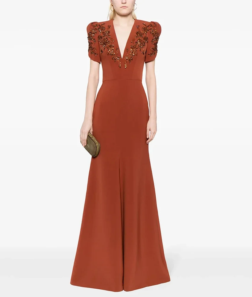 

Изысканное вечернее платье MCDV с пайетками и бисером, в стиле русалка, с цветочным декором, нежным V-образным вырезом и короткими рукавами, для выпускного вечера