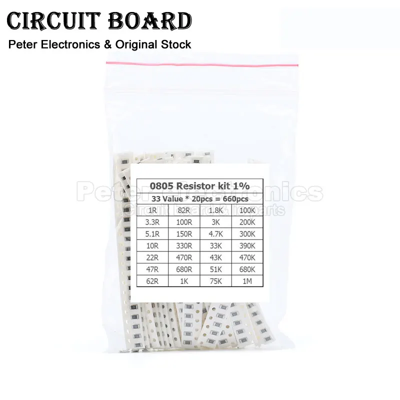 660PCS Set of Resistors 0805 SMD Resistor Assorted Kit Diy 1% 1 Ohm-1M Ohm Sample Bag Resistance 33 Values X 20pcs 3.3 10 47 R K