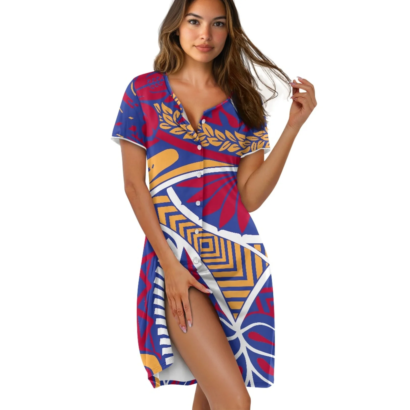 

Polynesian Tribal Hawaiian Totem Tattoo Hawaii Prints Women Pajama Short Sleeve Button Down Nightwear Top Sleep Sleepwear Home