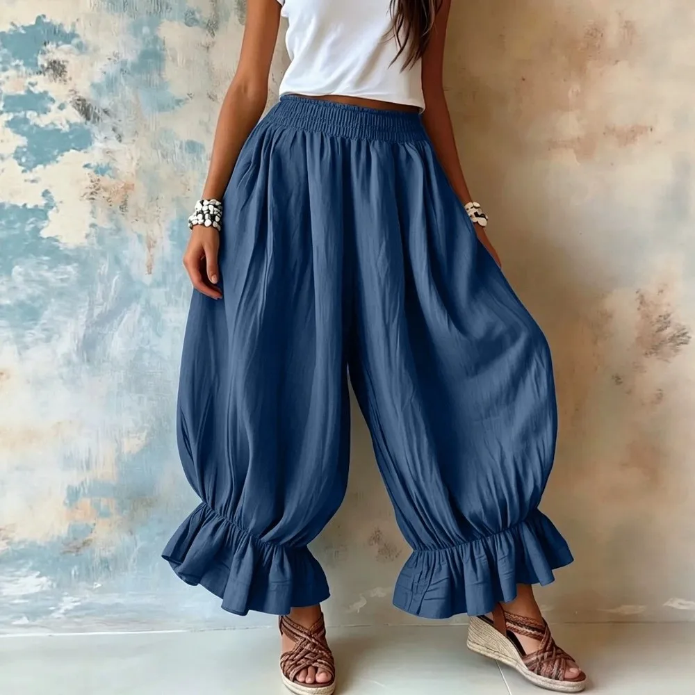 Feminine Cotton Linen Blend Harem Pants Elastic High Waist Loose Fit Lantern Pants Lightweight Ruffle Hem Wide Leg Pants Women