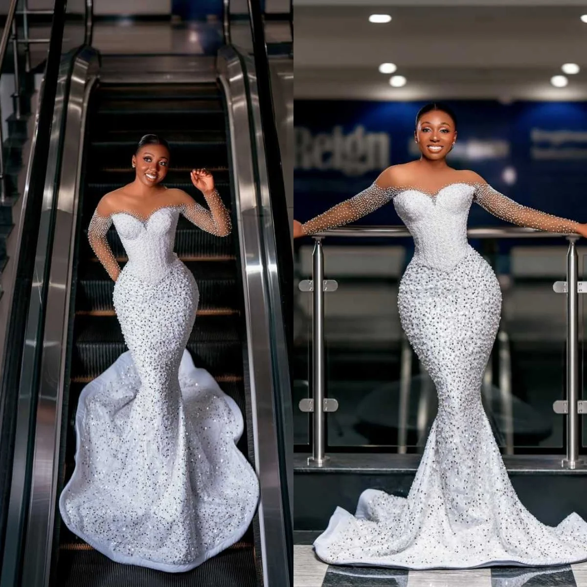 

Сексуальное свадебное платье русалки с жемчугом и блестками, с открытыми плечами и длинными рукавами, платья невесты, очаровательные свадебные платья длиной до пола по индивидуальному заказу