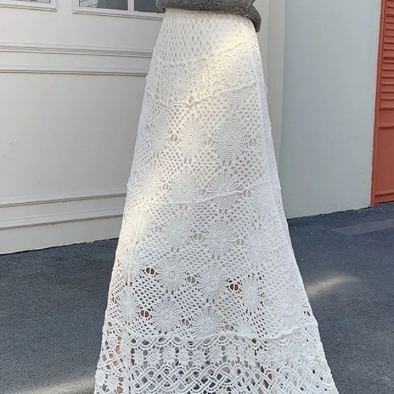 Holiday Style Lace Crocheted Skirt 2025 Summer Beach French Openwork Women's Long Skirt