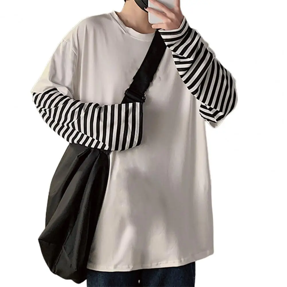 Fake Two-piece Men T-shirt Harajuku O Neck Oversized Stripe Spring Autumn T-shirt Pullover Men Tops Streetwear футболка оверсайз