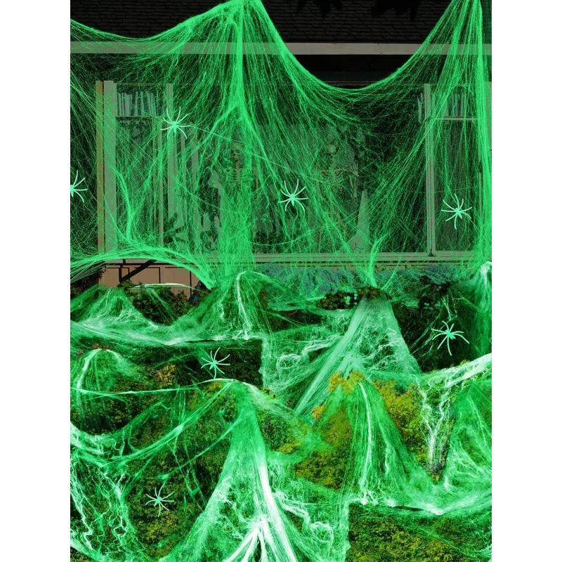 Glow-In-The-Dark Spider Web Set with Spiders, Fluorescent Expandable Spider Web for Halloween Decoration Indoor Outdoor Party