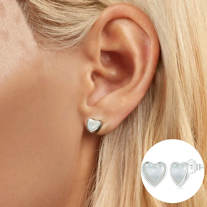 

100% 925 Sterling Silver Shell Love Heart Studs Earrings for Women Girl Romantic Simple Design Jewelry Party Gift Dropshipping