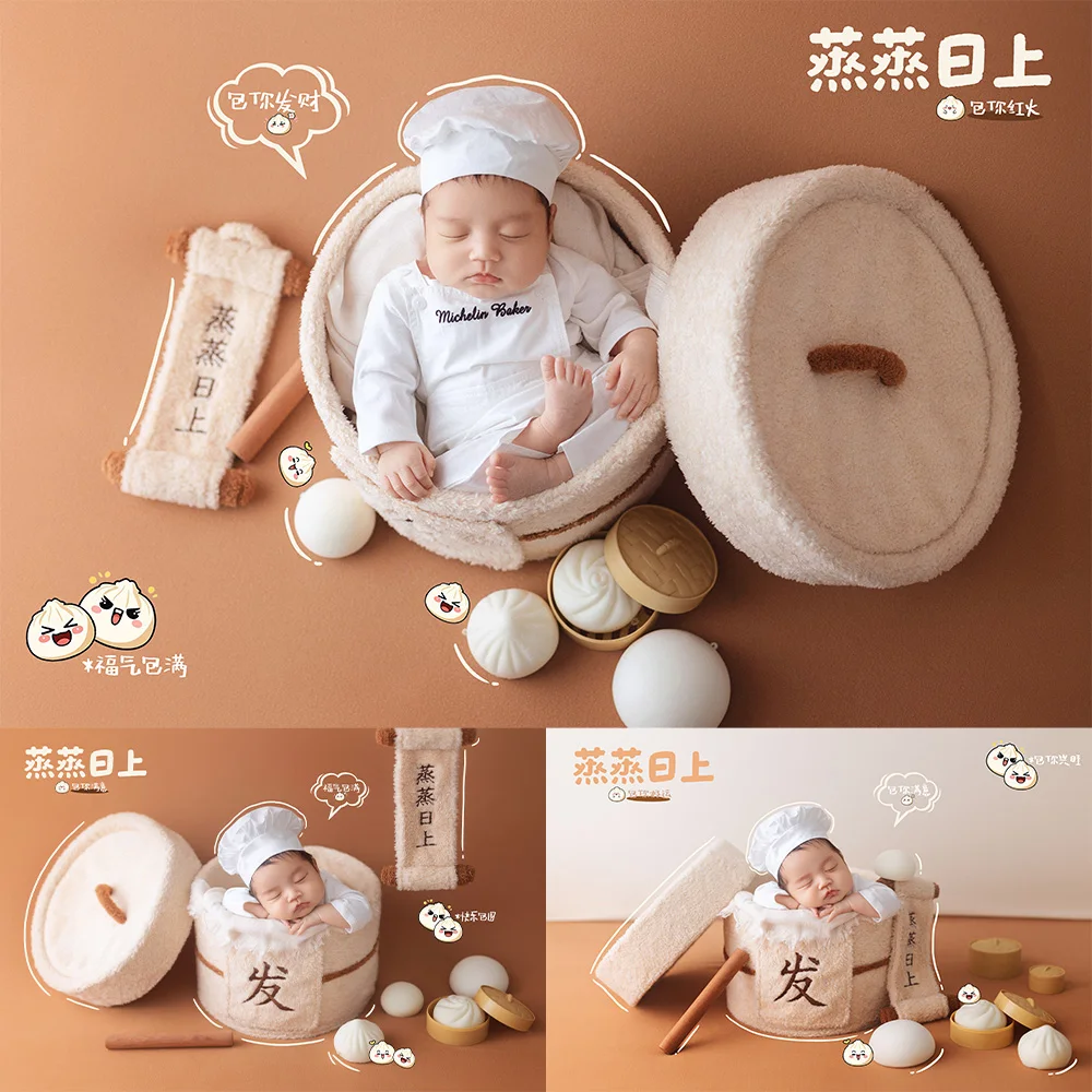 Professional Newborn Photography Props Cute Baby Chef Outfit Creative Food Theme Simulation Buns Props for Baby Milestone Photos