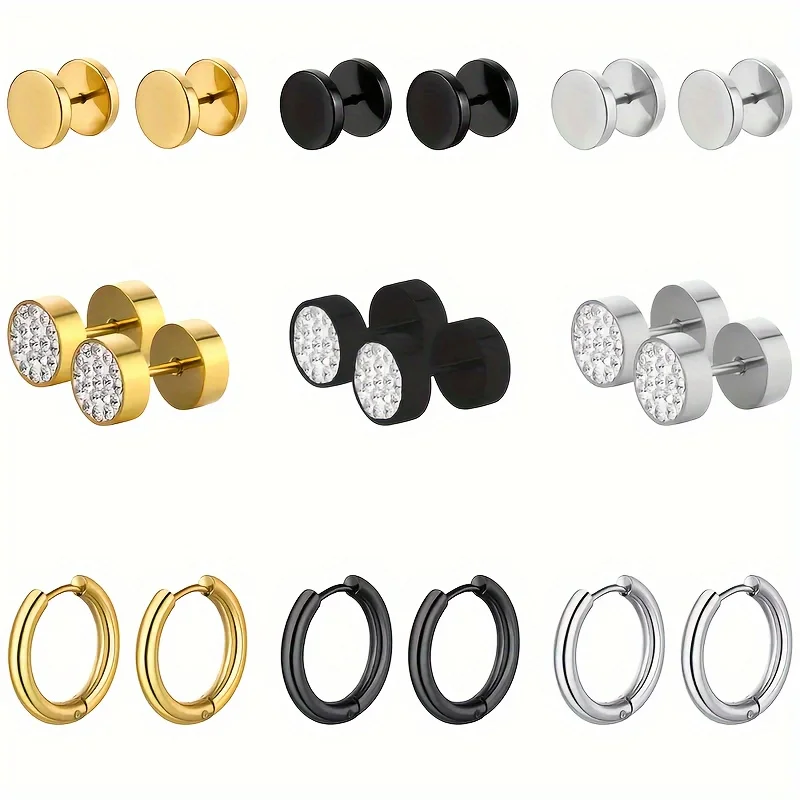 1/3/9 Pairs Punk Fashion Stainless Steel Cubic Zirconia Barbell Stud Earrings Simple Circle Huggie Hoop Earrings for Men Women