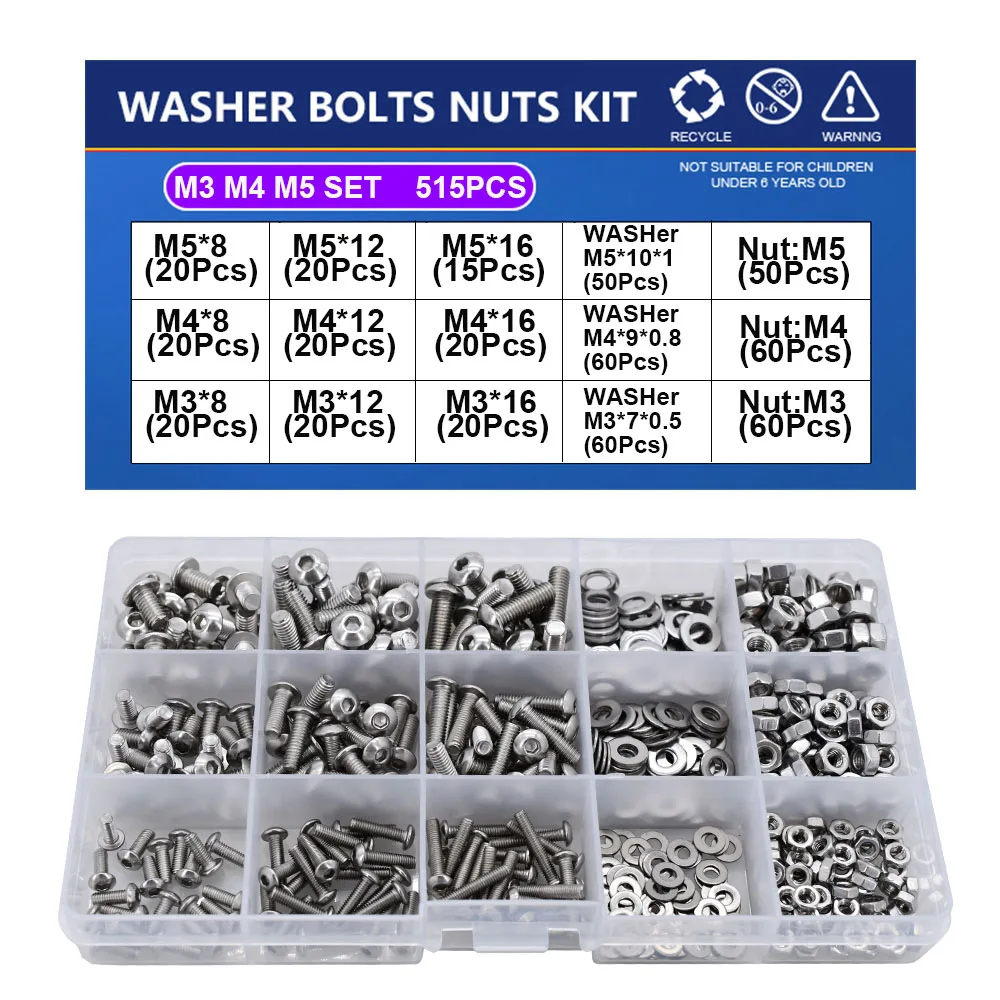 M2 M3 M4 M5 M6 Hex Socket Screw Nut Washer Set Hexagon Metric Thread Machine Allen Bolt Assortment Kit 304 Stainless Steel Screw