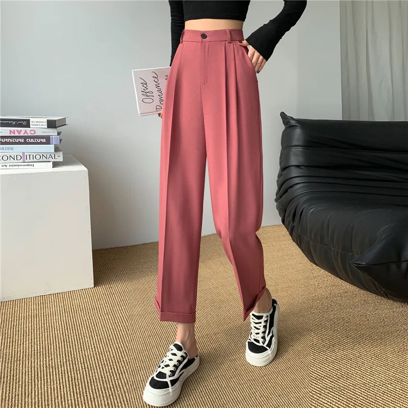 

Women Solid Suits Pants Harajuku Loose Ankle-Length Wide Leg Pants 2023 Spring Elegant Straight Trousers Female Pantalones 8031