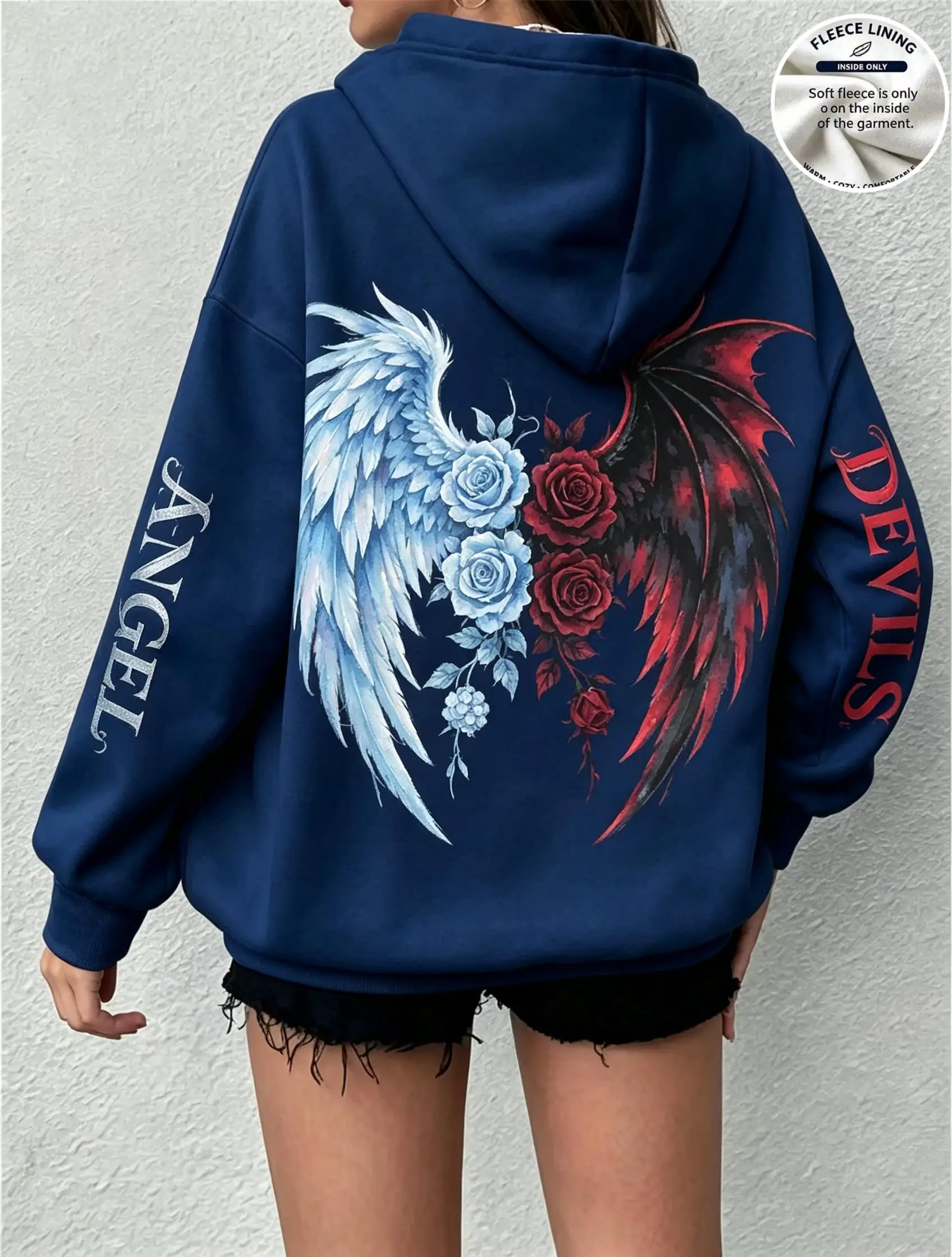 Women Fleece Hoodie Angel Devil Wings Poppy Lily of Valley Back Print Sweatshirt