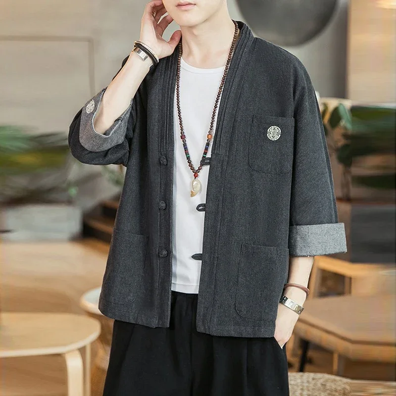 Denim Kimono Jacket Men Fashion Casual Jeans Jackets Coats Male Chinese Style Button Design