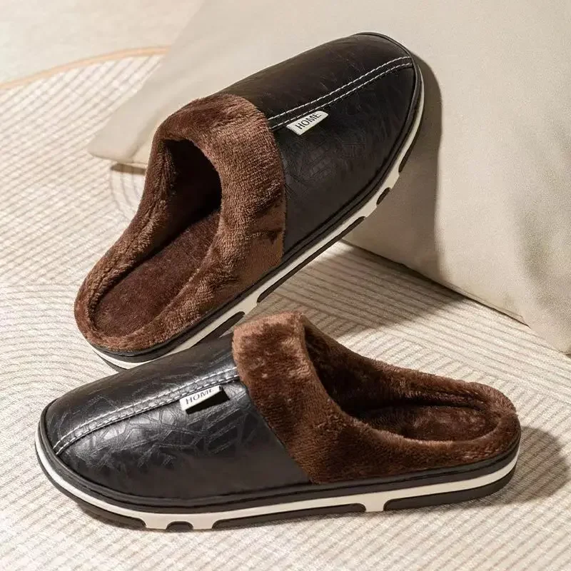 Men's Big Size Winter Slippers Indoor PU Leather Home Waterproof Fluffy Casual Slides Men Bedroom Comfy Shoes Houseshoes