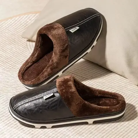 Chaussons d'hiver grande taille pour hommes, en cuir PU, imperméables, confortables, pour la maison, décontractés, pour chambre à coucher