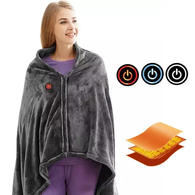 Wearable Heating Electric Blanket Shawl 3 Heated Level Throw Blanket 5v USB Charging Coral Velvet 8 Heated Areas Fast Heating