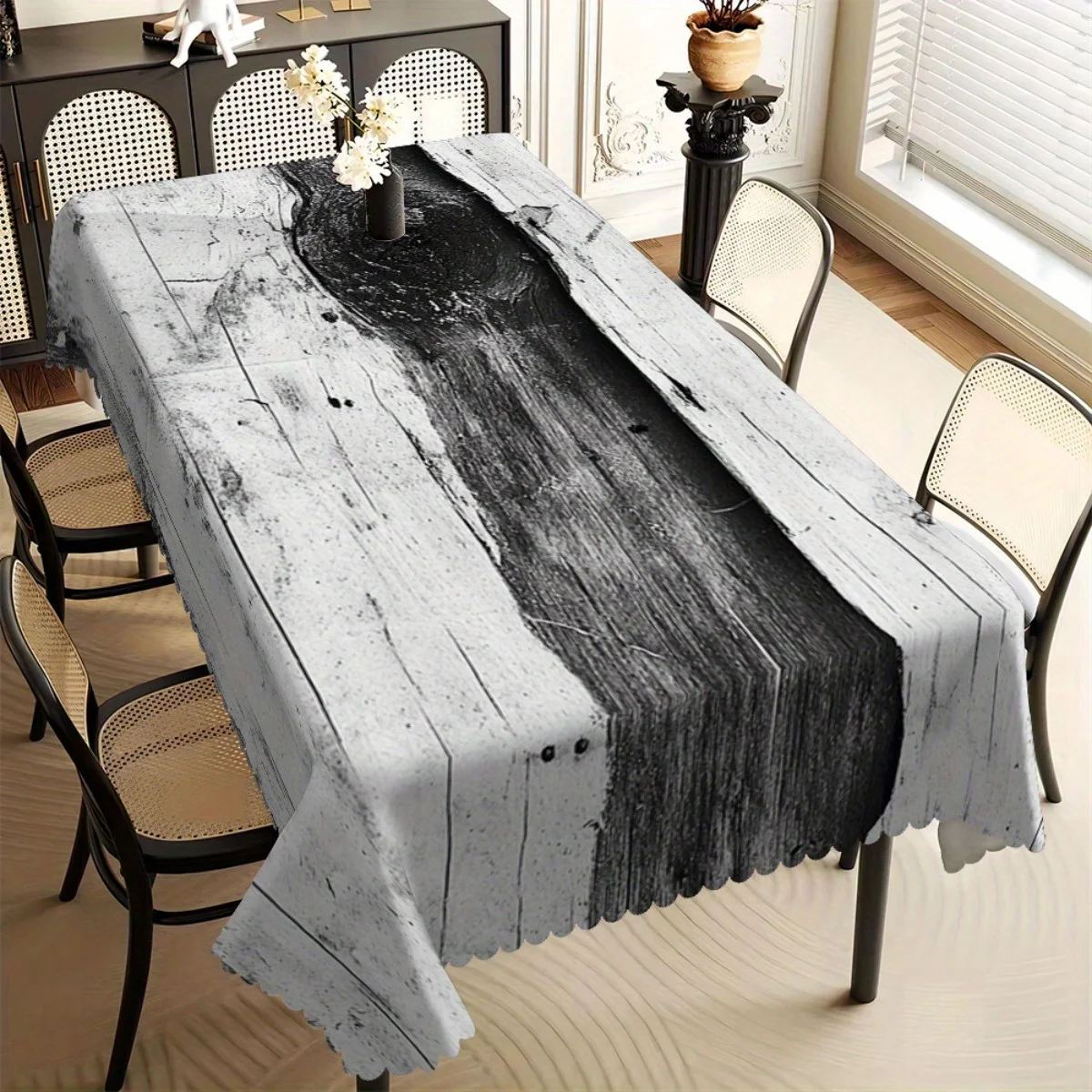Black White Wood Grain Brush Stroke Print Tablecloth Spill Resistant Wipe Clean Cover For Dining Coffee Kitchen Indoor Decor