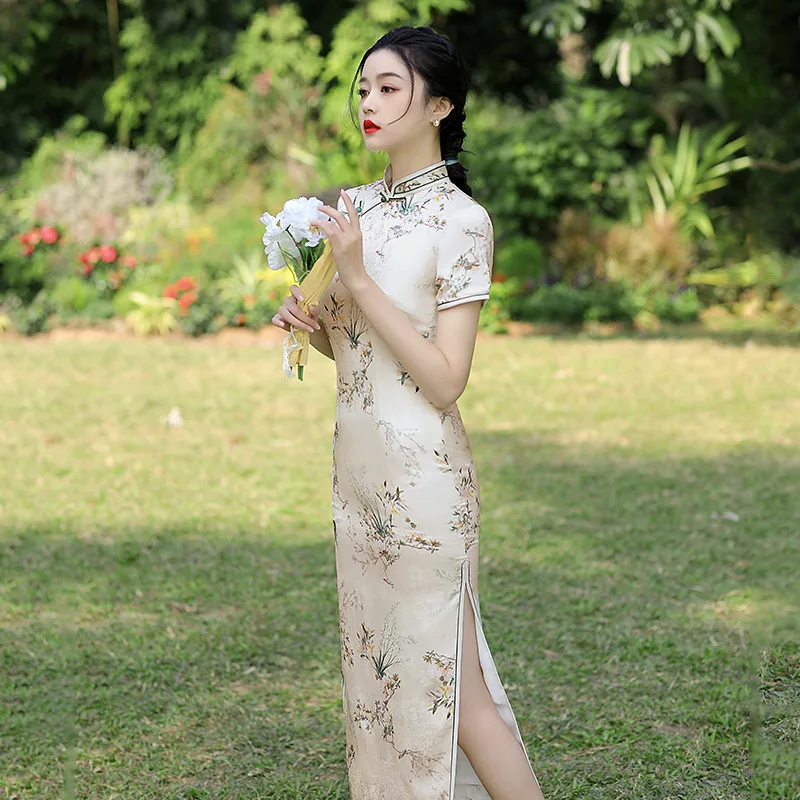 

Yourqipao Summer Double Layer Improved Cheongsam Slim Jacquard Silk Floral Daily Qipao Chinese Style Evening Dress for Women