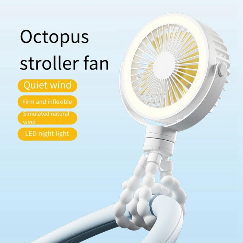 AB42-Portable Rechargeable Baby Stroller Fan Clip-On Octopus Night Light Mini Personal Handheld Portable Fan