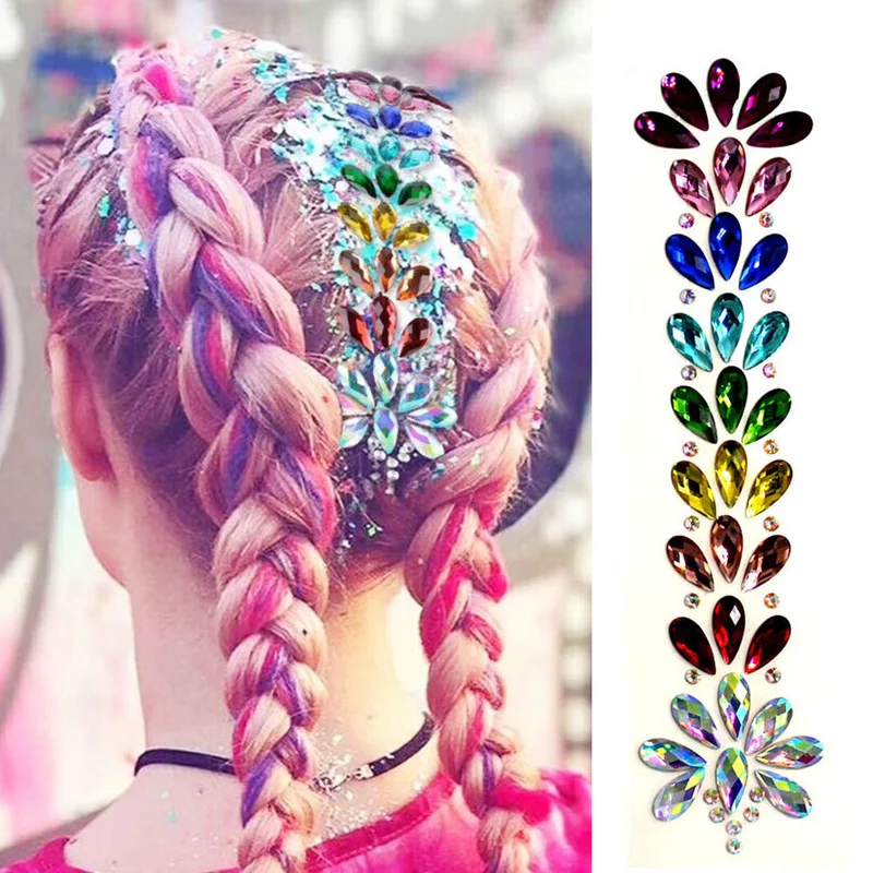 Glitter Colorful Hairstyle Decor Stickers Music Festival Crystal Forehead Makeup Rhinestone Stickers Body Art Temporary Tattoos