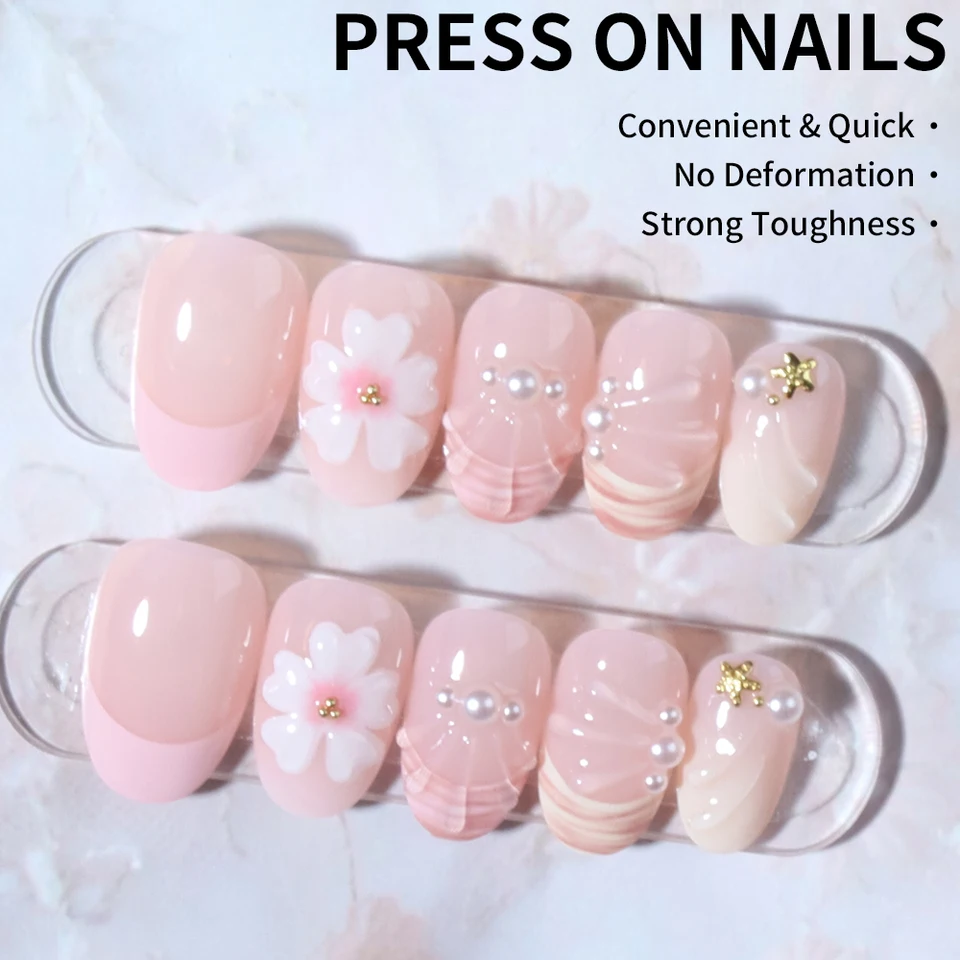 24 piezas uñas postizas ovaladas cortas 3D con flores de perla, estilo francés acrílico 2