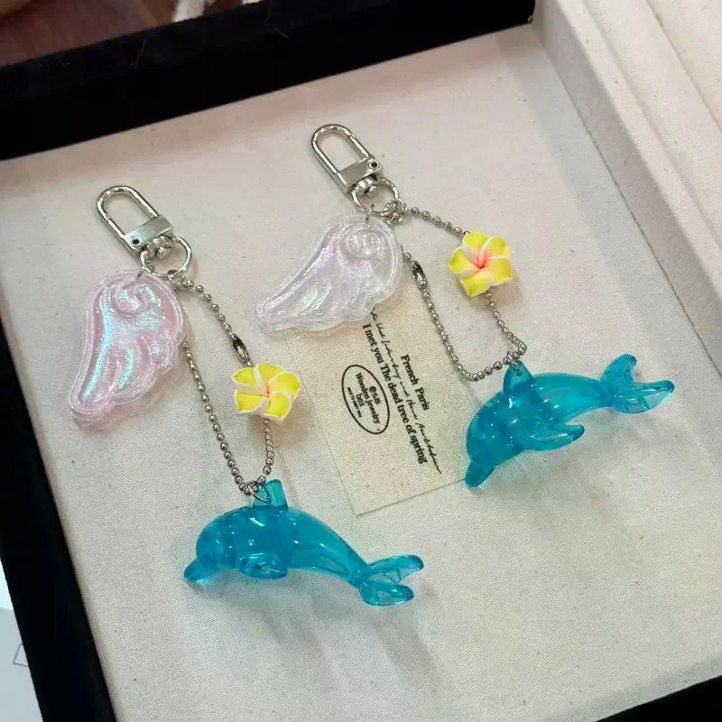 Cute Little Dolphin Pendant Keychain Creativity Wings Design Bag Charm Backpack Hanging Piece Car Key Chain Chic Accessorie