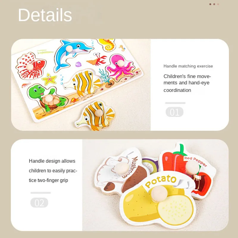 Bambini giocattoli educativi Montessori per bambini Puzzle in legno Cartoon Animal Fruits Shapes Learning Hand grip Board Jigsaw Games