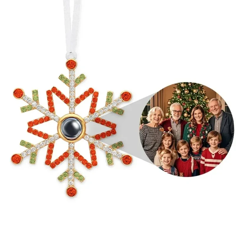 

Personalized Snowflake Projection Photo Ornament Christmas Charm Custom Picture Pendant with Ribbon New Year Memorial Gift