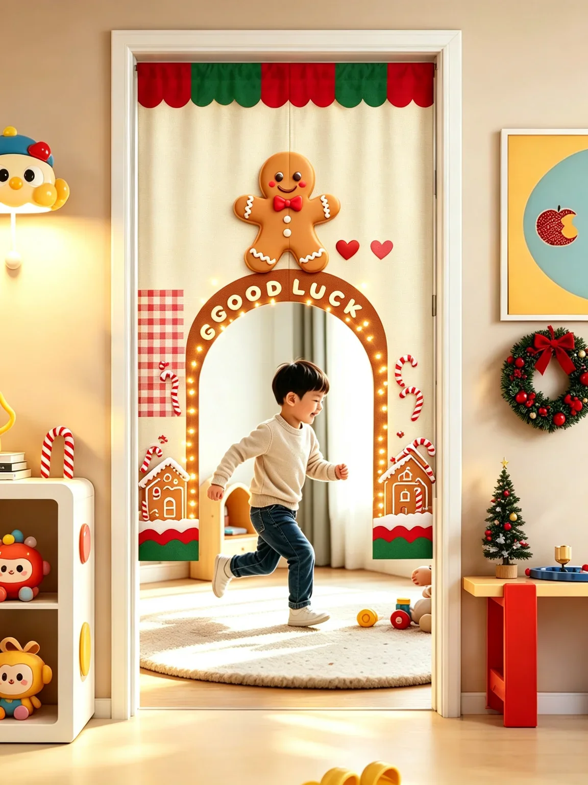 VIKAMA Gingerbread House Arched Half Door Curtain Kids Room Bedroom Cotton Linen Short Curtain Privacy Partition Home Decor