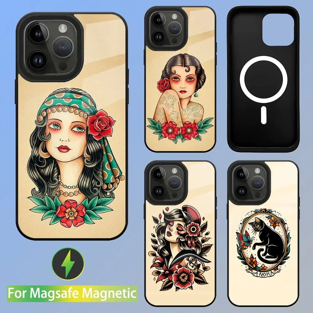 

Old School Tattoo Vintage Phone Case For iPhone 15,14,13,12,11,Plus,Pro,Max Mini Magsafe Magnetic Wireless Charging