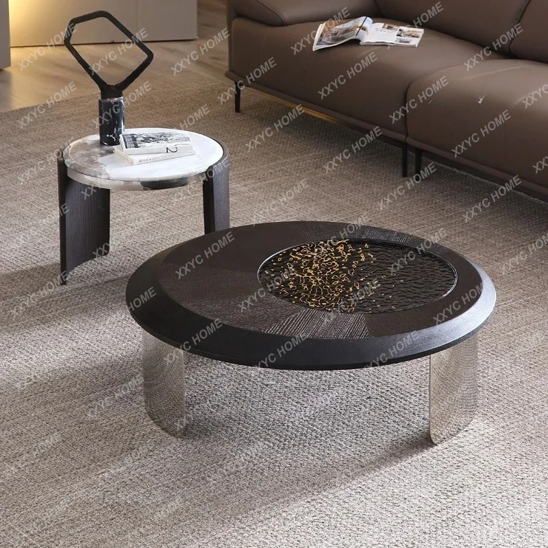 

a Modern light luxury minimalist mirror stainless steel water corrugated glass coffee table household coffee table combination